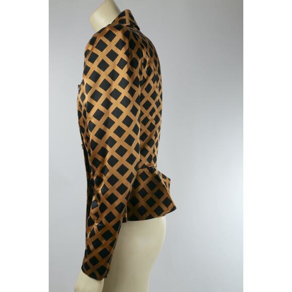 Richard Warren Pure Silk Vintage Peplum Blazer Beige Black Diamond Grid Size 4 - Picture 13 of 15